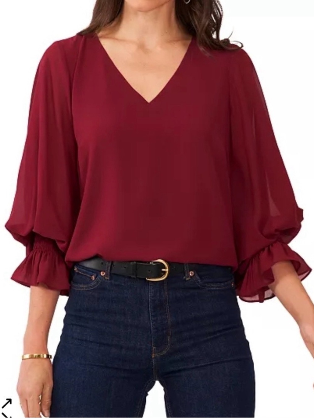 Vince Camuto Burgundy V-Neck Ruffle Sleeve Blouse